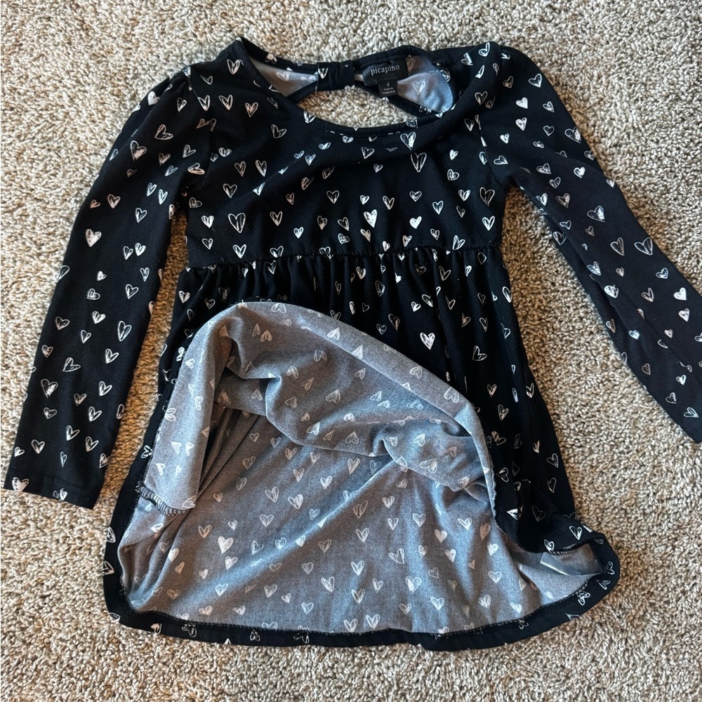 Girls Long Sleeve Dress | Black & White Heart Print | Valentines Day Size Medium - Picture 5 of 7